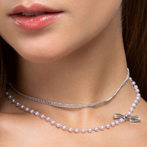 💥POL Pearl with Silver Bow Necklace - Picture 1 of 2